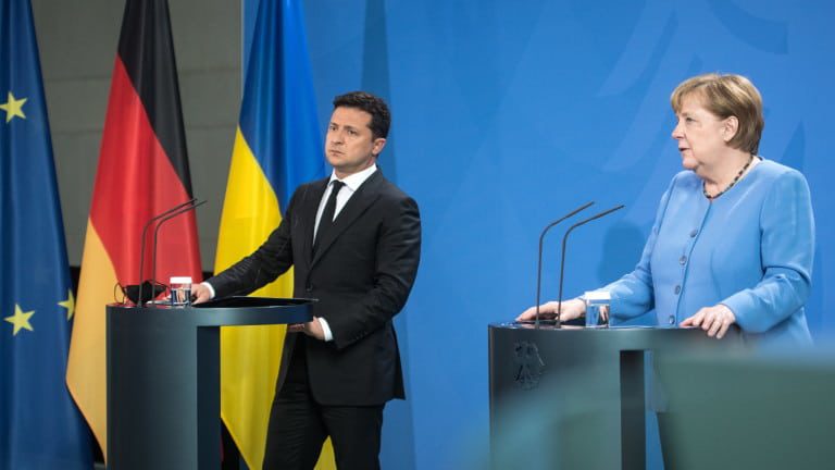 German Chancellor Angela Merkel meets Ukrainian President Volodymyr Zelensky