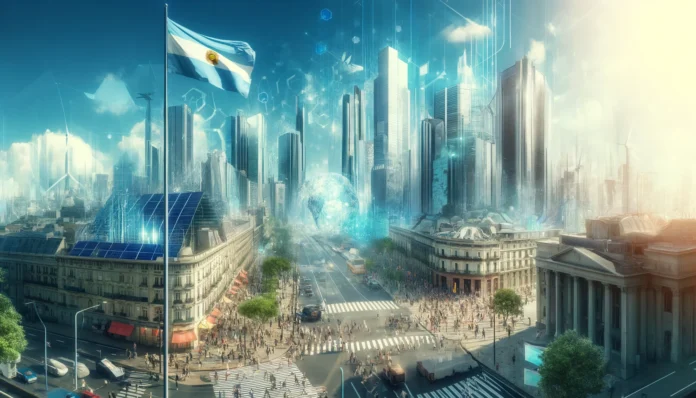 Dall·e 2024 12 14 14.17.20 A Futuristic And Optimistic Cityscape Of Buenos Aires Symbolizing Economic And Social Revival. The Scene Shows Modern Skyscrapers, Vibrant Streets Fil